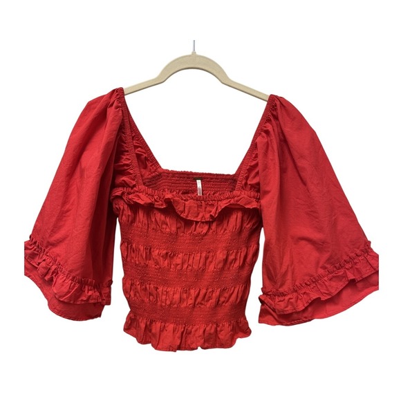 Free People Tops - Free People‎ Red Smocked Ruffle Bell Sleeve Crop Top Square Neck XS